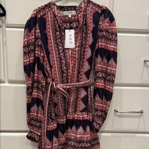Sea Navy and Pink Geometric Printed Belted Long Sleeve Dress